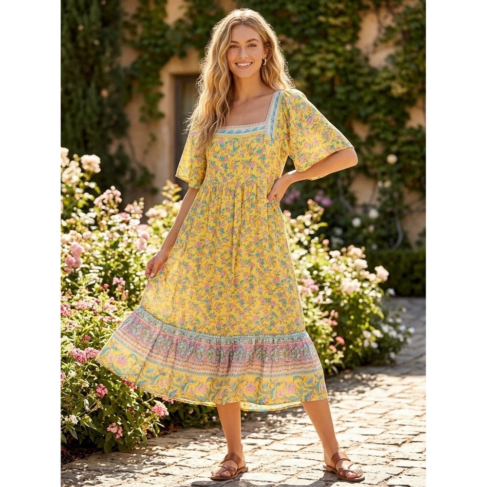 Umgee Yellow Floral Boho Midi Dress Square Neck Flutter Sleeve Medium